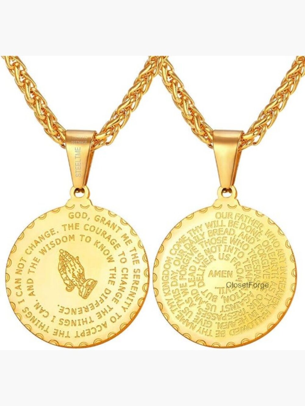 Stainless Steel Prayer Hands Coin Medal Pendant Necklace Christian Unisex